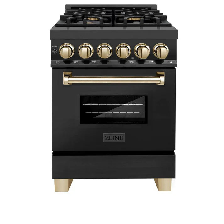 ZLINE 24 in. Autograph Edition Dual Fuel Range in Black Stainless Steel with Gold Accents, RABZ-24-G