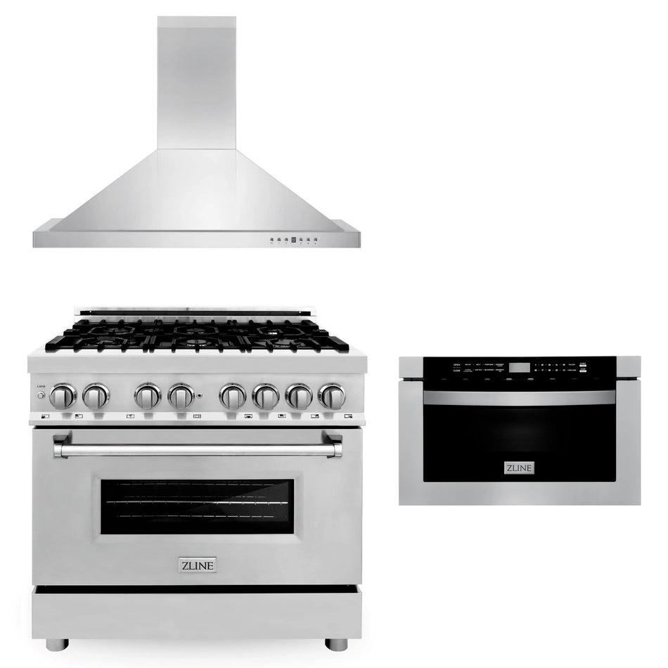 ZLINE Appliance Package - 36 in. Dual Fuel Range, Range Hood, Microwave Drawer, 3KP-RARH36-MW