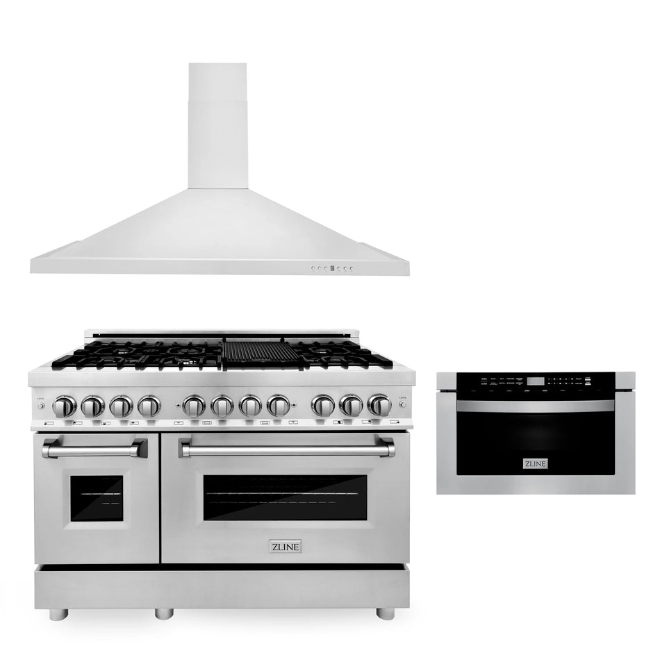 ZLINE 3-Piece 48" Kitchen Package with Stainless Steel Dual Fuel Range, Convertible Vent Range Hood and Microwave Drawer