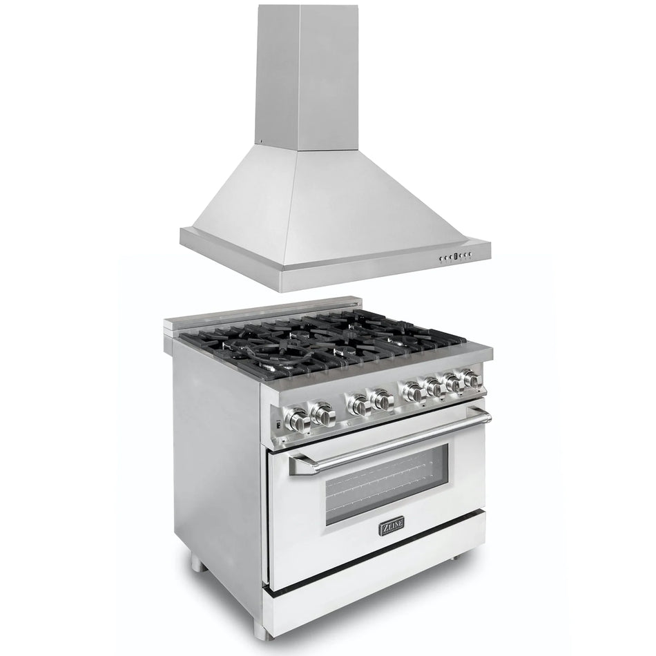 ZLINE 2-Piece 36" Kitchen Package with Stainless Steel Dual Fuel Range with White Matte Door and Convertible Vent Range Hood