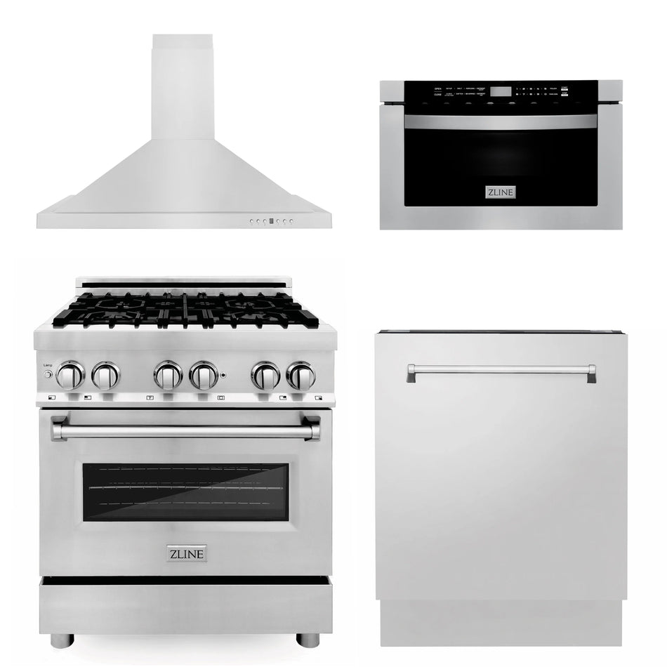 ZLINE 4-Piece Appliance Package - 30 in. Dual Fuel Range, 30 in. Range Hood, Microwave Drawer, 3 Rack Dishwasher, 4KP-RARH30-MWDWV