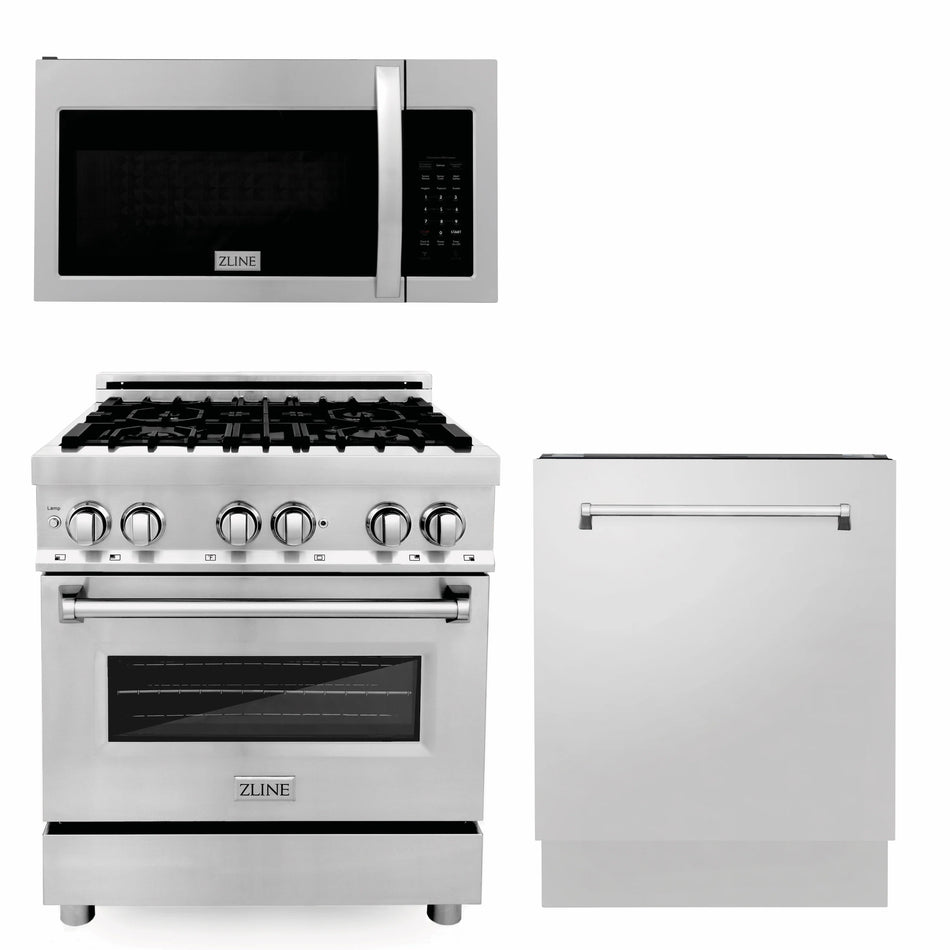 ZLINE 3-Piece 30" Kitchen Package with Stainless Steel Dual Fuel Range, Modern Over The Range Microwave and Tall Tub Dishwasher