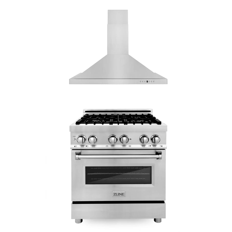 ZLINE 2-Piece 30" Kitchen Package with Stainless Steel Dual Fuel Range and Convertible Vent Range Hood