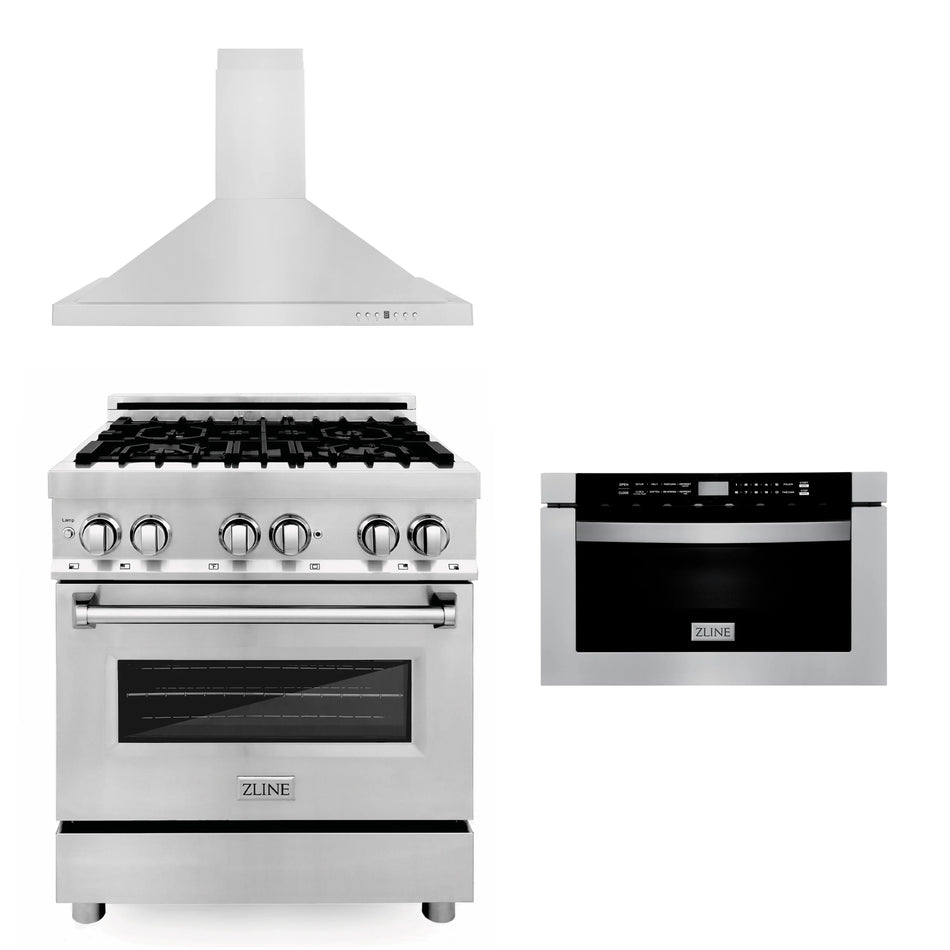 ZLINE Appliance Package - 30 in. Dual Fuel Range, 30 in. Range Hood, Microwave Drawer, 3KP-RARH30-MW