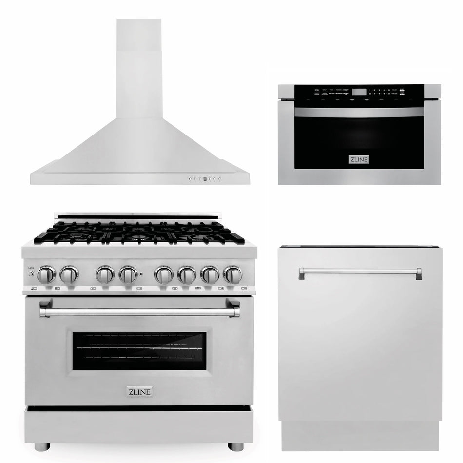 ZLINE 4-Piece 36" Kitchen Package with Stainless Steel Dual Fuel Range, Range Hood, Microwave Drawer and Tall Tub Dishwasher, 4KP-RARH36-MWDWV