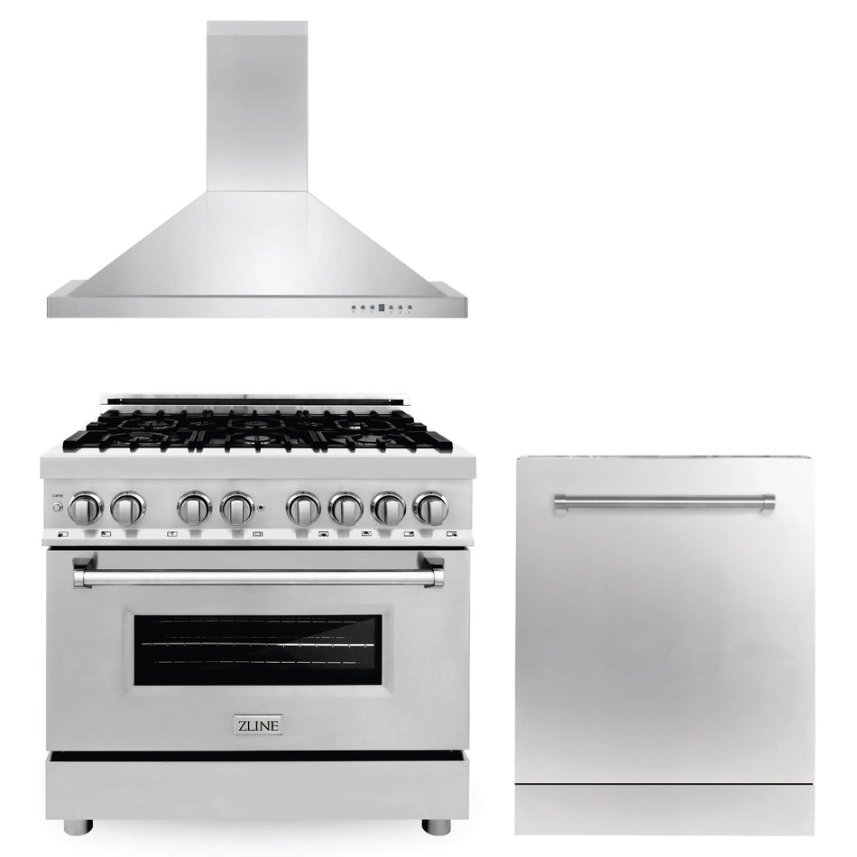 ZLINE 3-Piece 36" Kitchen Package with Stainless Steel Dual Fuel Range, Convertible Vent Range Hood and Dishwasher