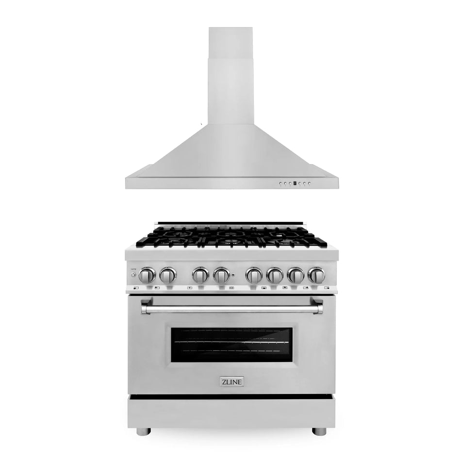 ZLINE 2-Piece 36" Kitchen Package with Stainless Steel Dual Fuel Range and Convertible Vent Range Hood, 2KP-RARH36