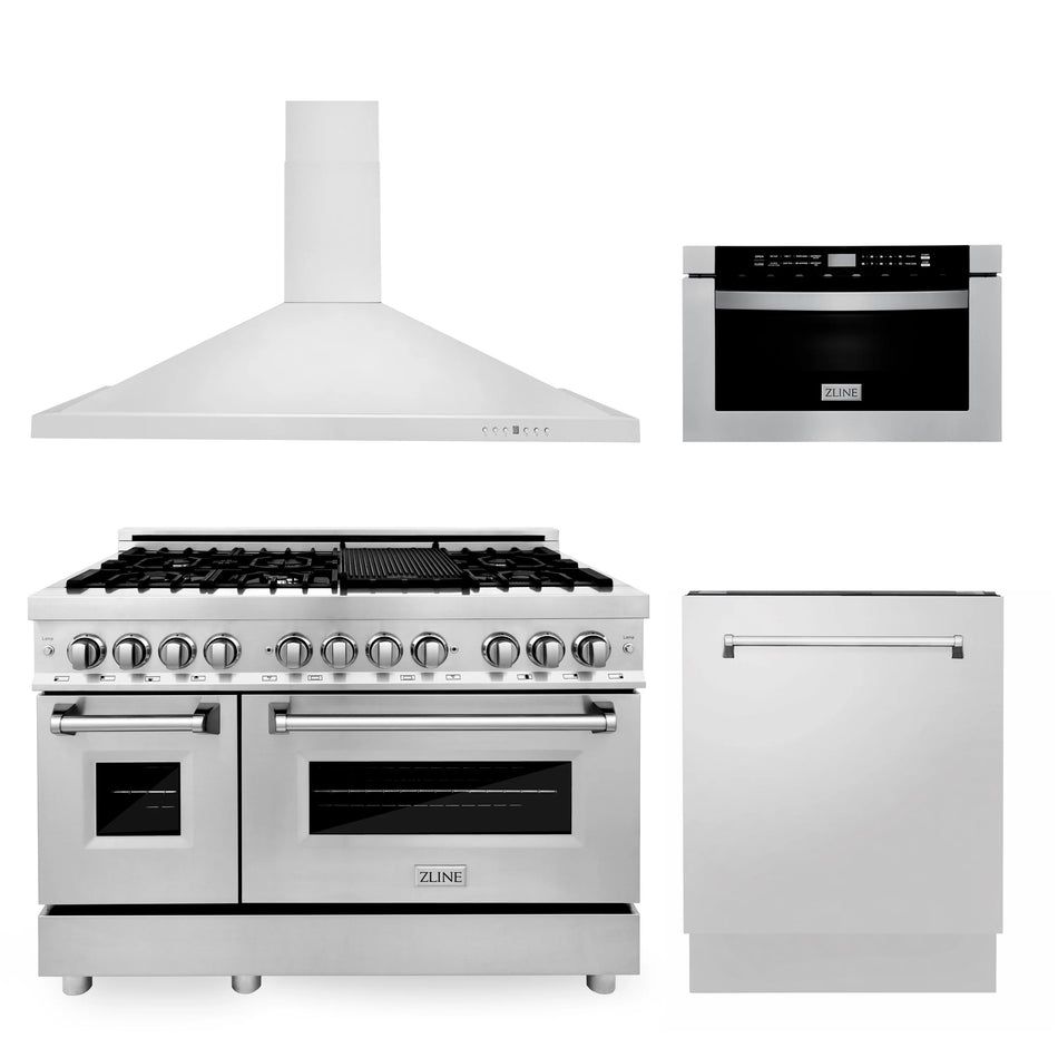 ZLINE 4-Piece 48" Kitchen Package with Stainless Steel Dual Fuel Range, Range Hood, Microwave Drawer and Tall Tub Dishwasher,4KP-RARH48-MWDWV