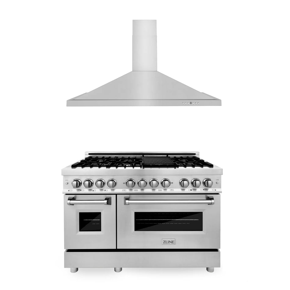 ZLINE 2-Piece 48" Kitchen Package with Stainless Steel Dual Fuel Range and Convertible Vent Range Hood