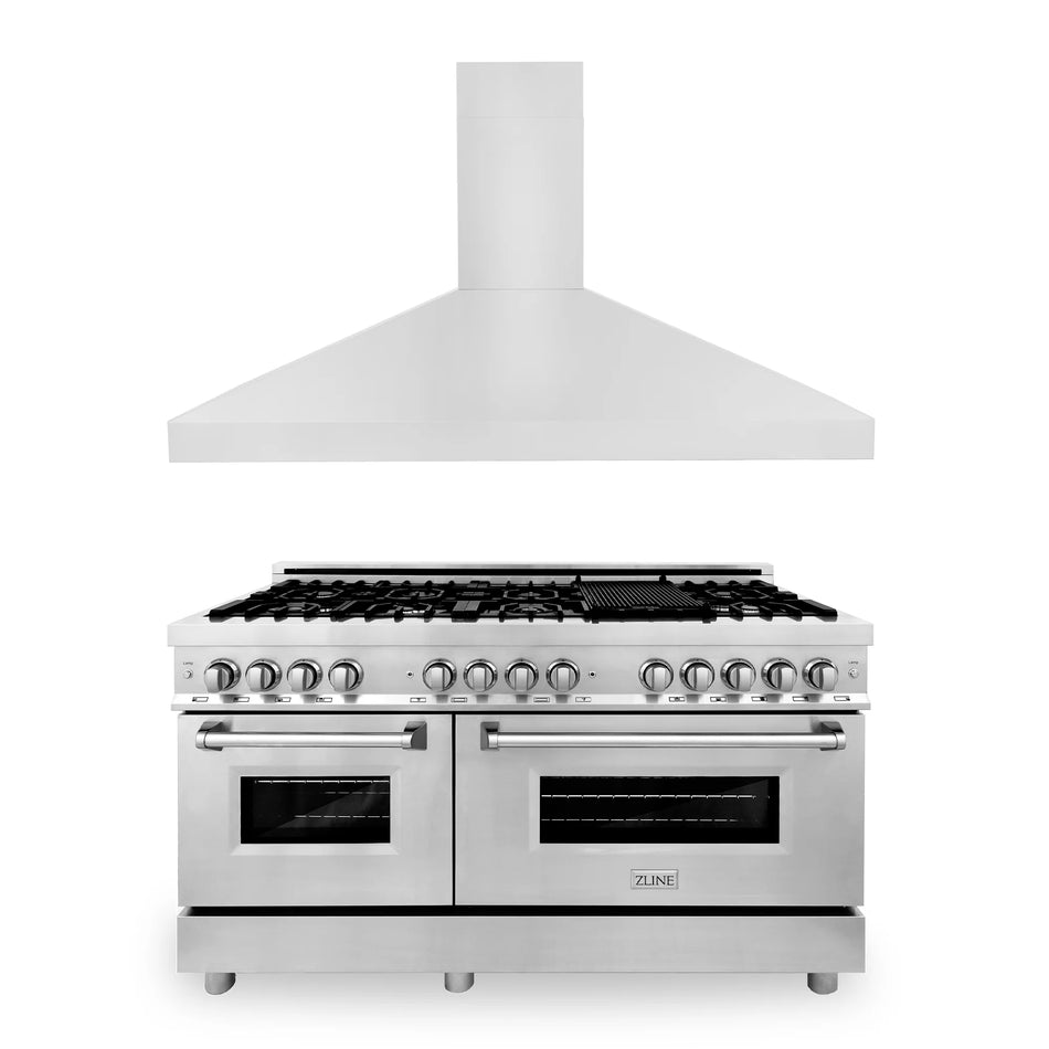 ZLINE 2-Piece 60" Kitchen Package with Stainless Steel Dual Fuel Range and Convertible Vent Range Hood