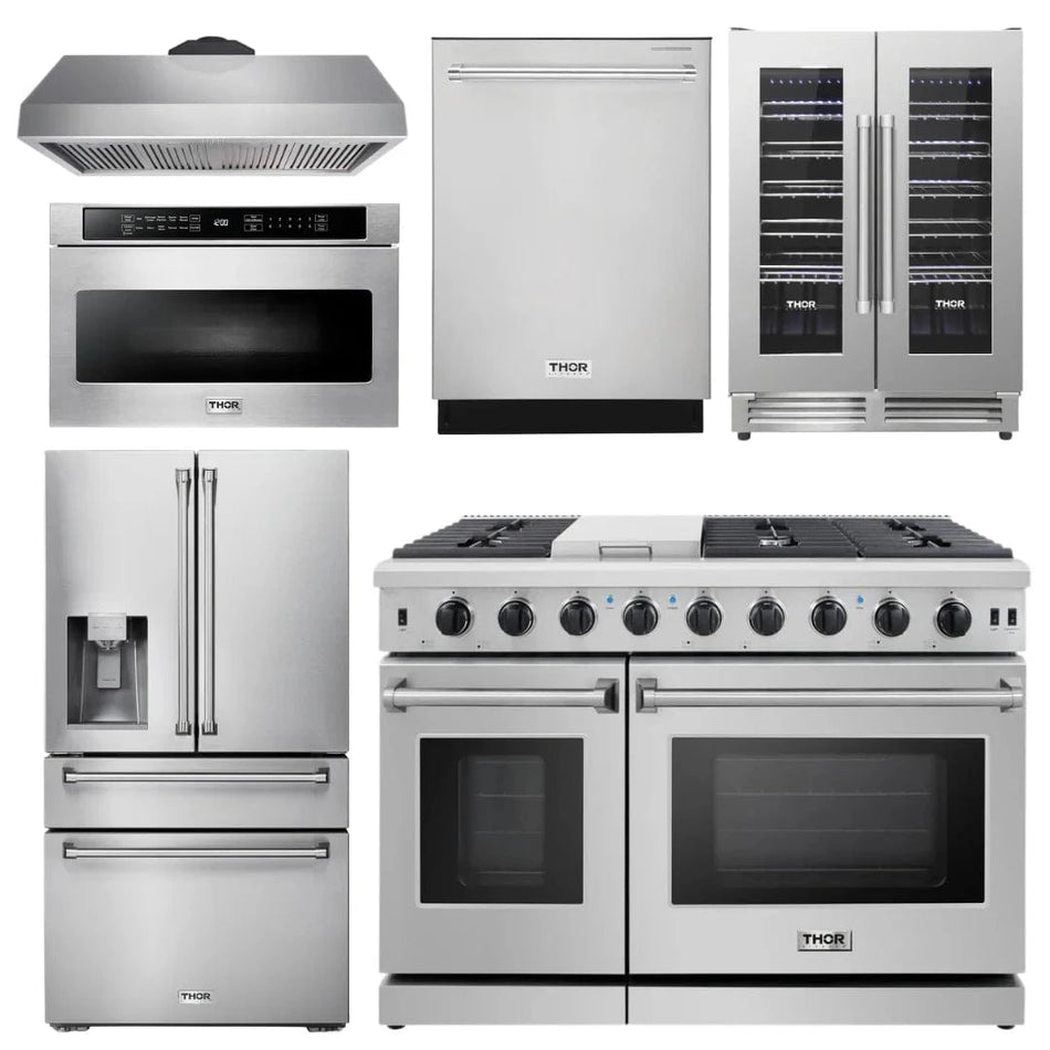 Thor Kitchen Appliance Package - 6-Piece- 48-Inch Gas Range, Range Hood, Refrigerator with Water and Ice Dispenser, Dishwasher, Wine Cooler, Microwave, KAP-LRG4807U-14