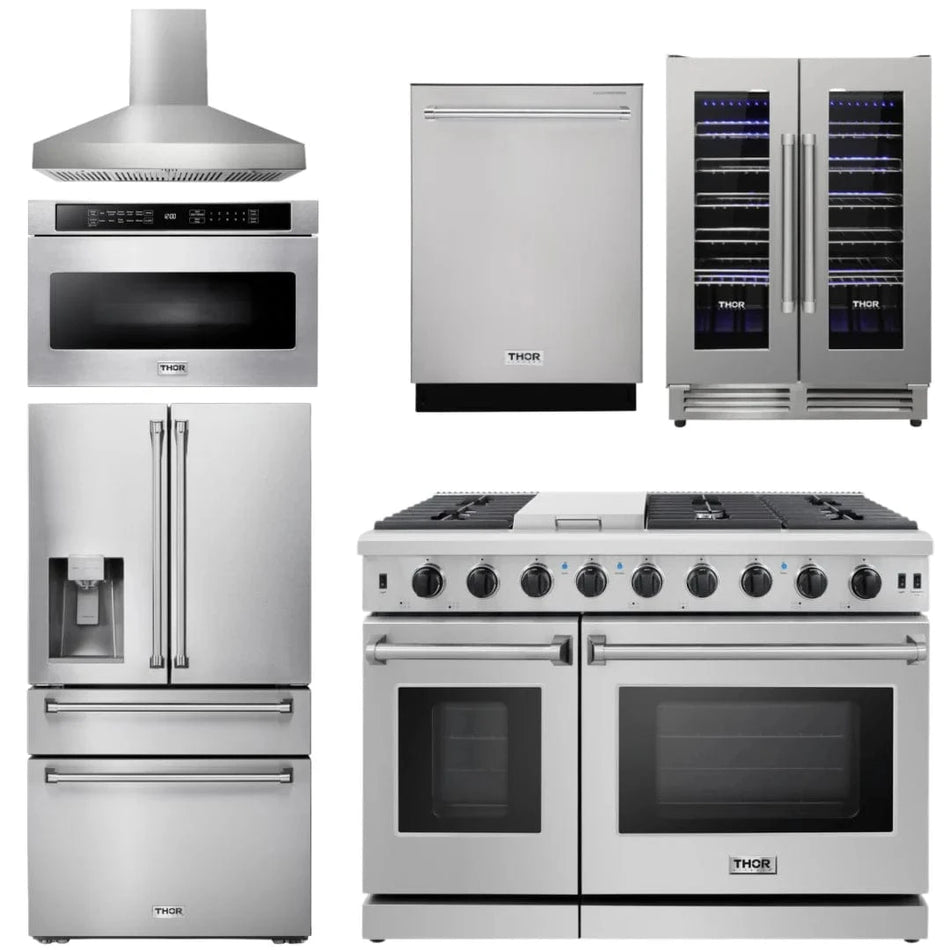 THOR Kitchen Appliance Package - 6-Piece 48-Inch Gas Range, Range Hood, Refrigerator with Water and Ice Dispenser, Dishwasher, Wine Cooler, Microwave, KAP-LRG4807U-W-10