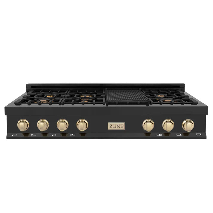 ZLINE Autograph Edition 48 Inch Porcelain Rangetop with 7 Gas Burners in Black Stainless Steel and Gold Accents, RTBZ-48-G