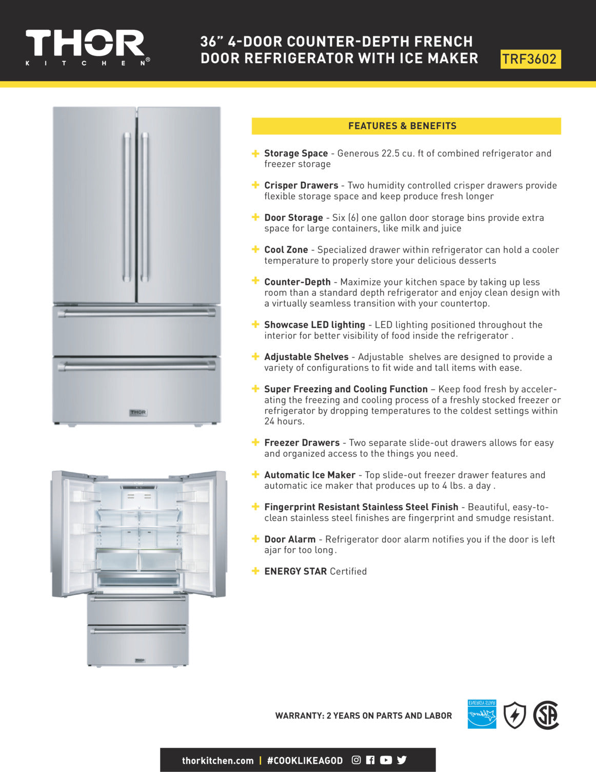 Features and Benefits Sheet of the Thor Refrigerator 36-Inch Professional French Door with Dual Freezer Drawers, 22.5 cu. ft. Stainless Steel, TRF3602 – Ample storage, fingerprint-resistant, and modern design