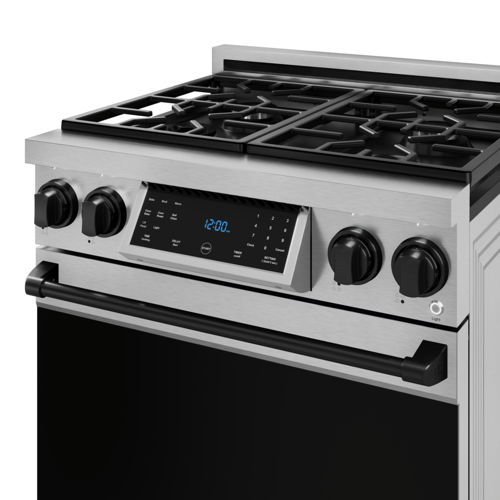 Gordon Ramsay by THOR Kitchen 30-Inch Gas Range (LRG3001U) featuring high-performance burners, a commercial convection fan, tilt panel touch control, and a spacious 4.55 cu. ft. oven for professional-grade cooking, control panel 