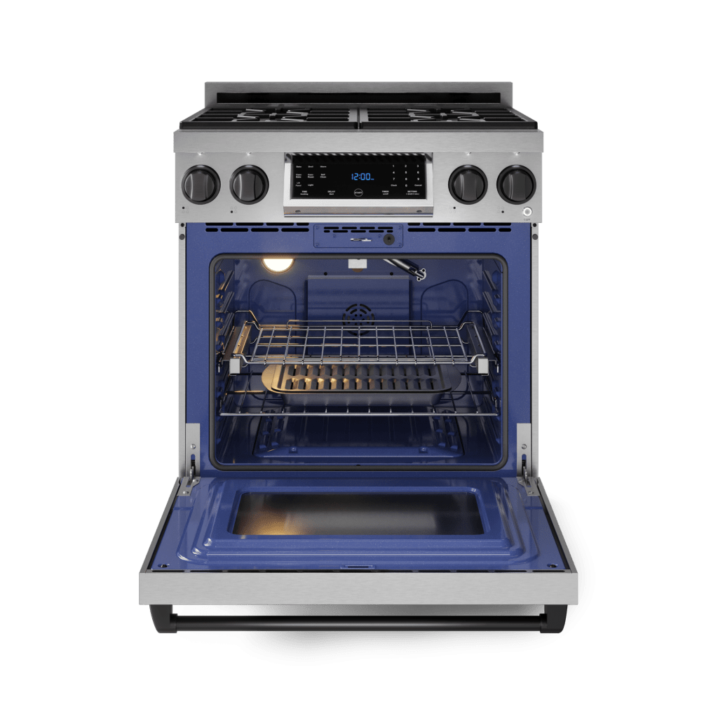 Gordon Ramsay by THOR Kitchen 30-Inch Gas Range (LRG3001U) featuring high-performance burners, a commercial convection fan, tilt panel touch control, and a spacious 4.55 cu. ft. oven for professional-grade cooking, front view open 