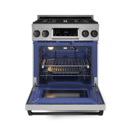 Gordon Ramsay by THOR Kitchen 30-Inch Gas Range (LRG3001U) featuring high-performance burners, a commercial convection fan, tilt panel touch control, and a spacious 4.55 cu. ft. oven for professional-grade cooking, front view open 