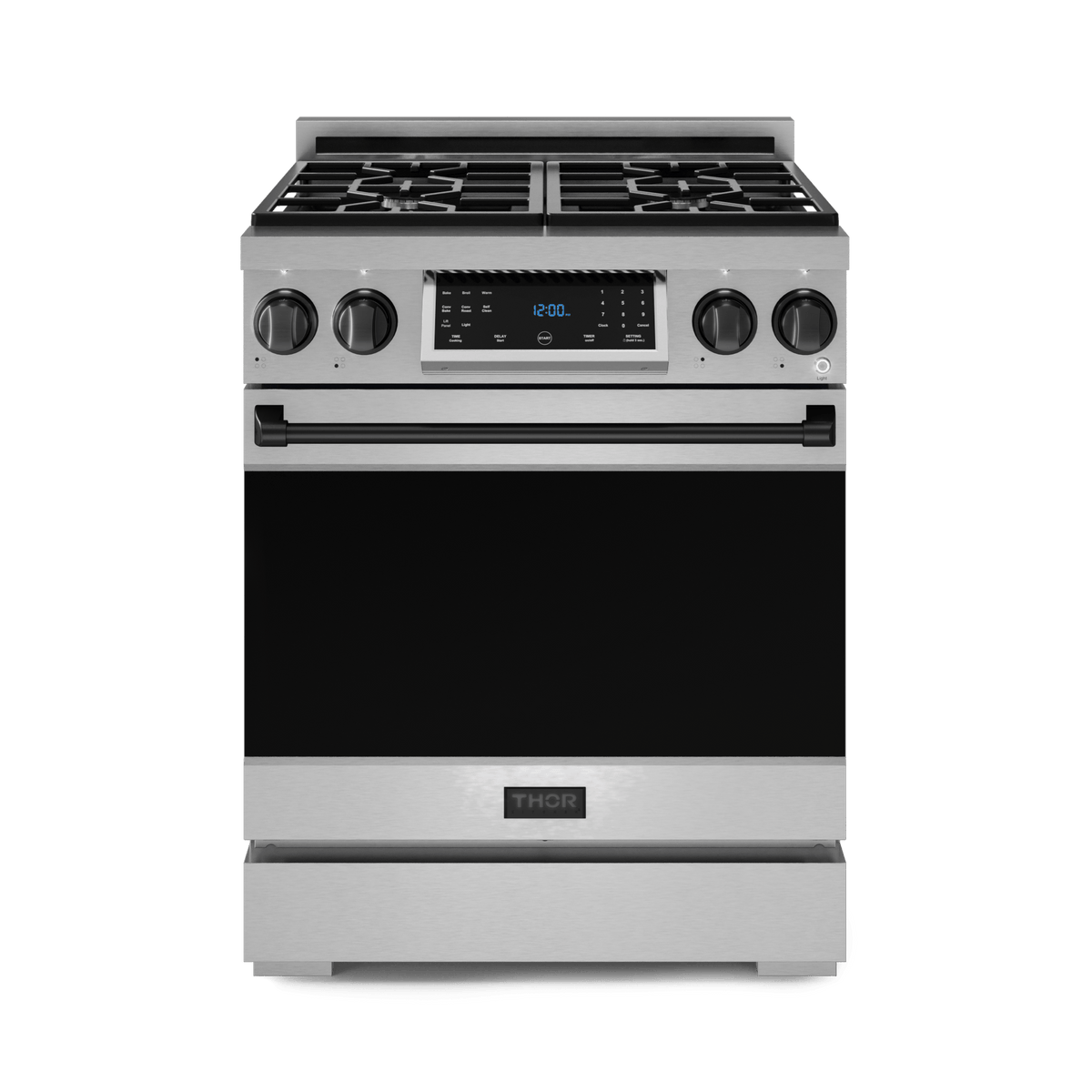 Gordon Ramsay by THOR Kitchen 30-Inch Gas Range (LRG3001U) featuring high-performance burners, a commercial convection fan, tilt panel touch control, and a spacious 4.55 cu. ft. oven for professional-grade cooking, front view closed