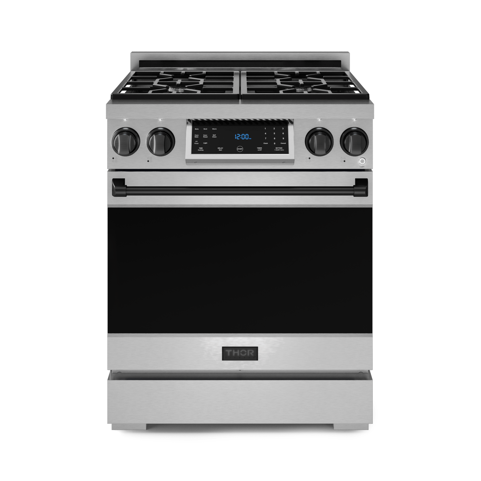 Gordon Ramsay by THOR Kitchen 30-Inch Gas Range (LRG3001U) featuring high-performance burners, a commercial convection fan, tilt panel touch control, and a spacious 4.55 cu. ft. oven for professional-grade cooking, front view closed