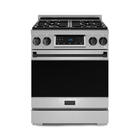 Gordon Ramsay by THOR Kitchen 30-Inch Gas Range (LRG3001U) featuring high-performance burners, a commercial convection fan, tilt panel touch control, and a spacious 4.55 cu. ft. oven for professional-grade cooking, front view closed