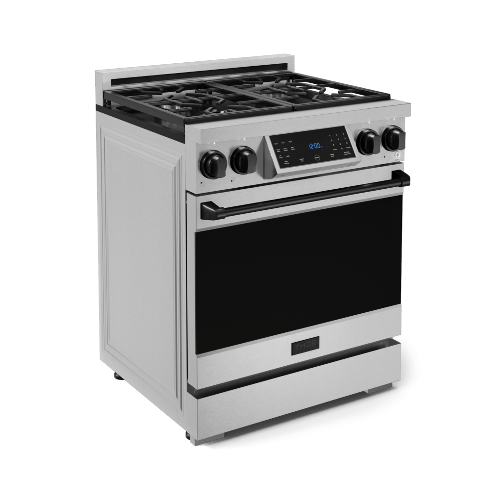 Gordon Ramsay by THOR Kitchen 30-Inch Gas Range (LRG3001U) featuring high-performance burners, a commercial convection fan, tilt panel touch control, and a spacious 4.55 cu. ft. oven for professional-grade cooking, left side closed 
