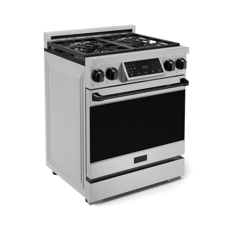 Gordon Ramsay by THOR Kitchen 30-Inch Gas Range (LRG3001U) featuring high-performance burners, a commercial convection fan, tilt panel touch control, and a spacious 4.55 cu. ft. oven for professional-grade cooking, left side closed 