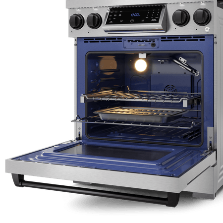 Gordon Ramsay by THOR Kitchen 30-Inch Gas Range (LRG3001U) featuring high-performance burners, a commercial convection fan, tilt panel touch control, and a spacious 4.55 cu. ft. oven for professional-grade cooking, right side open 