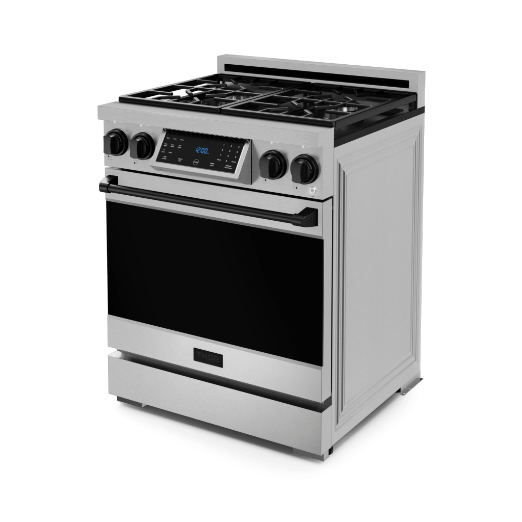 Gordon Ramsay by THOR Kitchen 30-Inch Gas Range (LRG3001U) featuring high-performance burners, a commercial convection fan, tilt panel touch control, and a spacious 4.55 cu. ft. oven for professional-grade cooking, right side closed