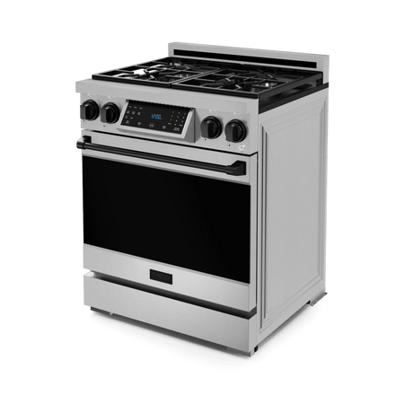 Gordon Ramsay by THOR Kitchen 30-Inch Gas Range (LRG3001U) featuring high-performance burners, a commercial convection fan, tilt panel touch control, and a spacious 4.55 cu. ft. oven for professional-grade cooking, right side closed