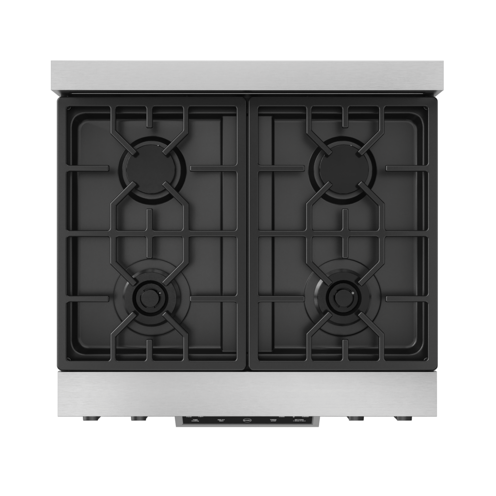 Gordon Ramsay by THOR Kitchen 30-Inch Gas Range (LRG3001U) featuring high-performance burners, a commercial convection fan, tilt panel touch control, and a spacious 4.55 cu. ft. oven for professional-grade cooking, burners 