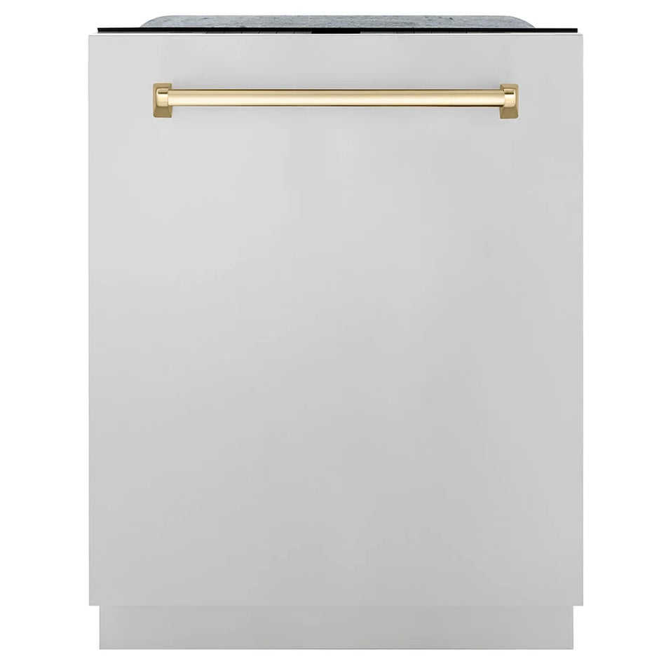 ZLINE Monument Autograph Edition 24-Inch Top Control Built-In Dishwasher, Stainless Steel Panel, Polished Gold Handle, 44 dBA, DWMTZ-304-24-G