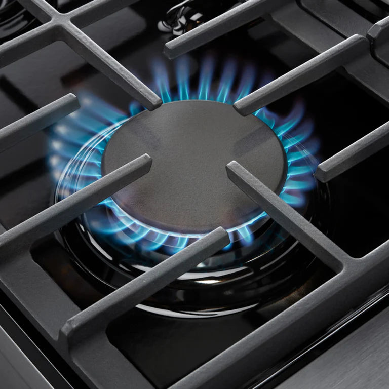 Close-up view of a single burner on the Thor 48-Inch Gas Range LRG4807U, featuring Dual Ovens, 15,000 BTU Griddle, Italian-Made Burners, and Stainless Steel Finish