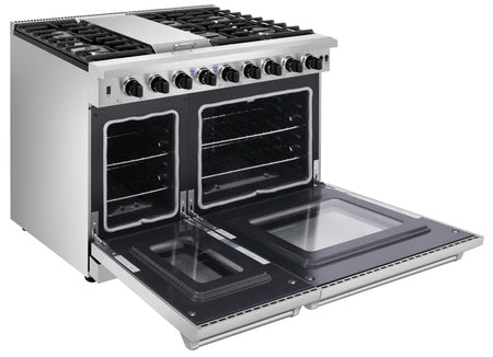 Open side view of Thor 48-Inch Gas Range LRG4807U, showcasing Dual Ovens, 15,000 BTU Griddle, Italian-Made Burners, and Stainless Steel Finish