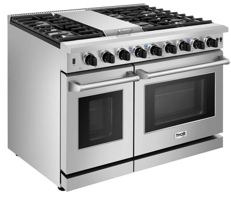 Closed side view of Thor 48-Inch Gas Range LRG4807U, showcasing Dual Ovens, 15,000 BTU Griddle, Italian-Made Burners, and Stainless Steel Finish