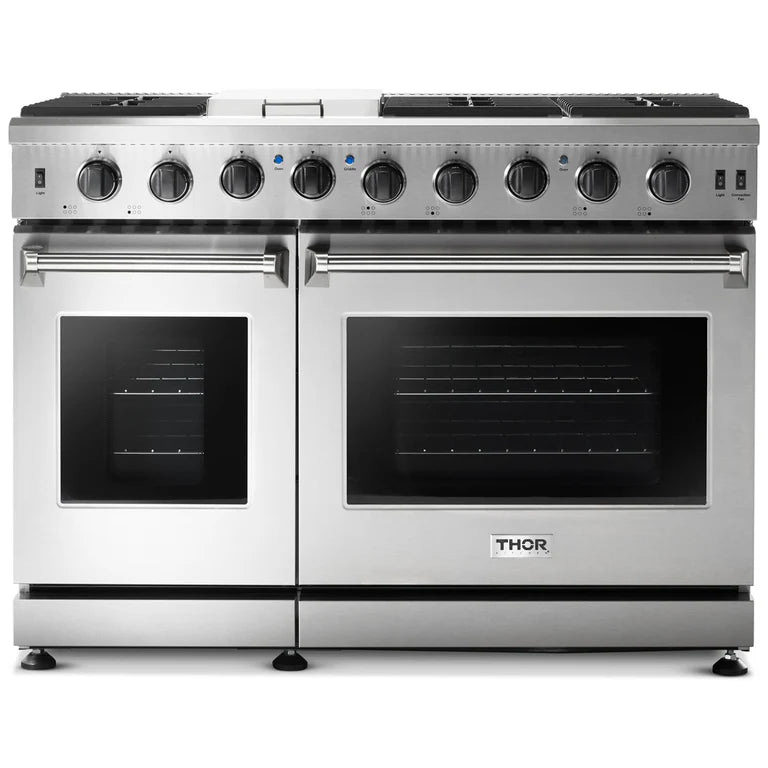 Front view of Thor 48-Inch Gas Range LRG4807U, showcasing Dual Ovens, 15,000 BTU Griddle, Italian-Made Burners, and Stainless Steel Finish 