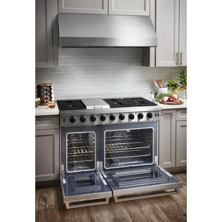 Open front view of Thor 48-Inch Gas Range LRG4807U, showcasing Dual Ovens, 15,000 BTU Griddle, Italian-Made Burners, and Stainless Steel Finish in modern kitchen setting 