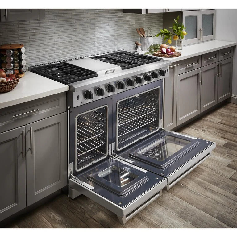 Open side view of Thor 48-Inch Gas Range LRG4807U, showcasing Dual Ovens, 15,000 BTU Griddle, Italian-Made Burners, and Stainless Steel Finish in modern kitchen setting 