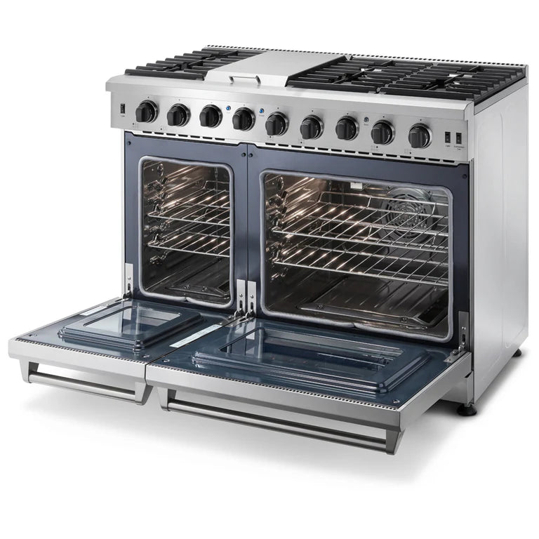 Open side view of Thor 48-Inch Gas Range LRG4807U, showcasing Dual Ovens, 15,000 BTU Griddle, Italian-Made Burners, and Stainless Steel Finish  