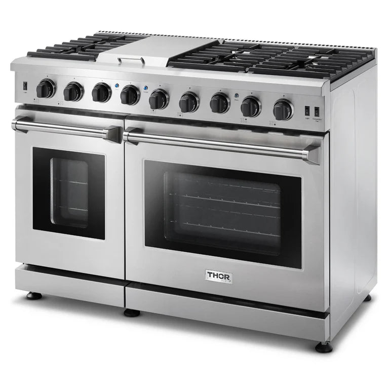 Closed side view of Thor 48-Inch Gas Range LRG4807U, showcasing Dual Ovens, 15,000 BTU Griddle, Italian-Made Burners, and Stainless Steel Finish 