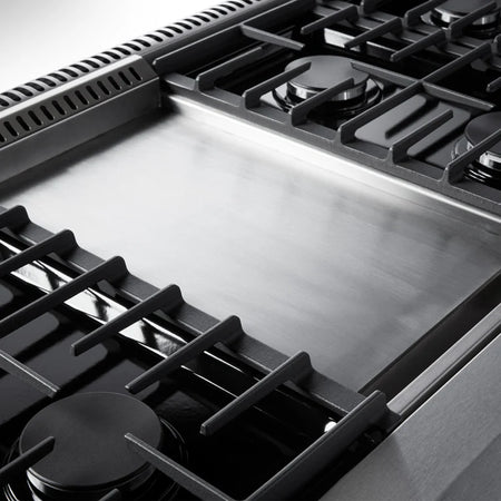 Close-up view of burners on the Thor 48-Inch Gas Range LRG4807U, featuring Dual Ovens, 15,000 BTU Griddle, Italian-Made Burners, and Stainless Steel Finish