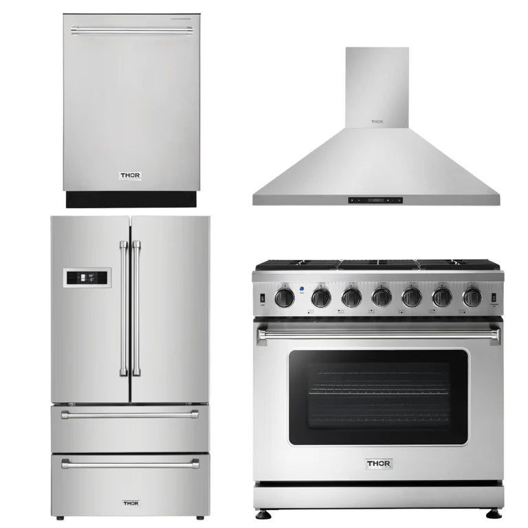 Thor 36-Inch Appliance Package including Natural Gas Range, Range Hood, Counter Depth Refrigerator, and 24-Inch Dishwasher in Stainless Steel – Professional kitchen bundle