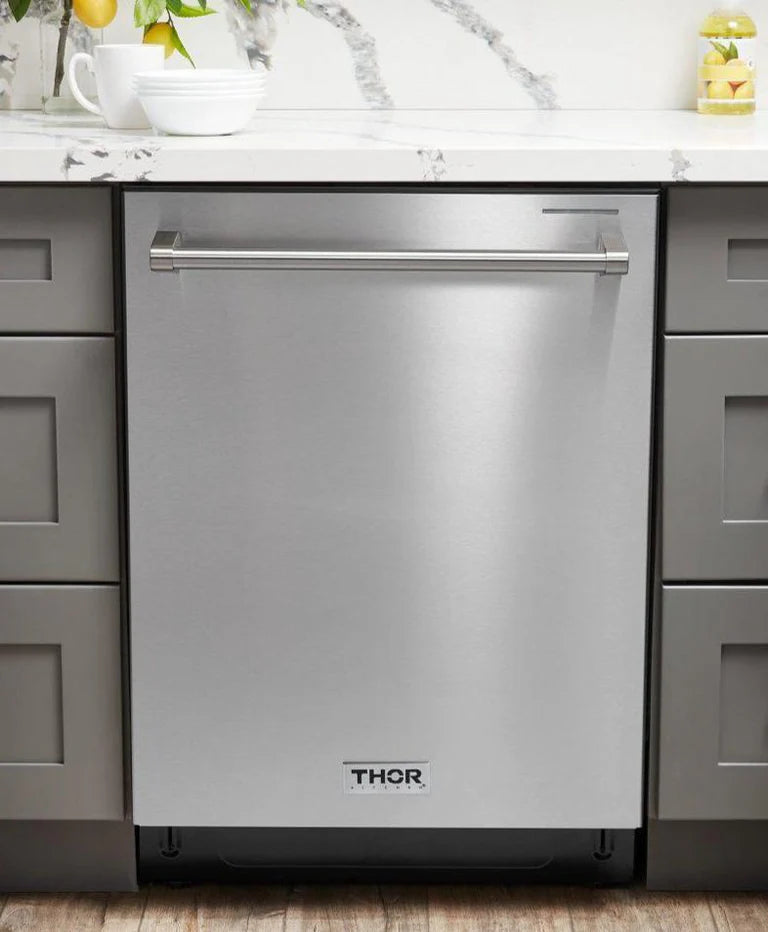 Front view of closed dishwasher from the Thor 36-Inch Appliance Package including Natural Gas Range, Range Hood, Counter Depth Refrigerator, and 24-Inch Dishwasher in Stainless Steel – Professional kitchen bundle