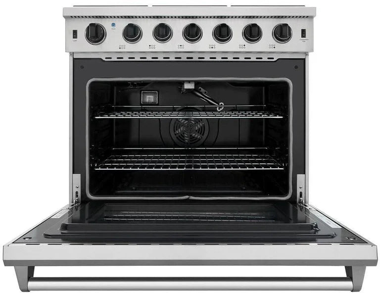 Thor 36-Inch Appliance Package including Natural Gas Range, Range Hood, Counter Depth Refrigerator, and 24-Inch Dishwasher in Stainless Steel – Professional kitchen bundle, open range