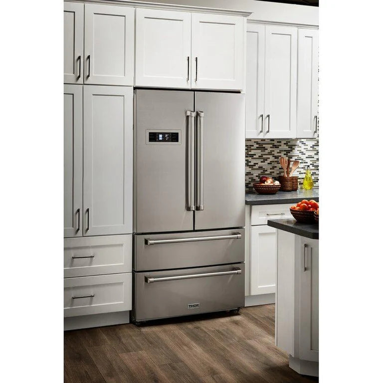 Side view of closed refrigerator from the Thor 36-Inch Appliance Package including Natural Gas Range, Range Hood, Counter Depth Refrigerator, and 24-Inch Dishwasher in Stainless Steel – Professional kitchen bundle in modern kitchen setting 