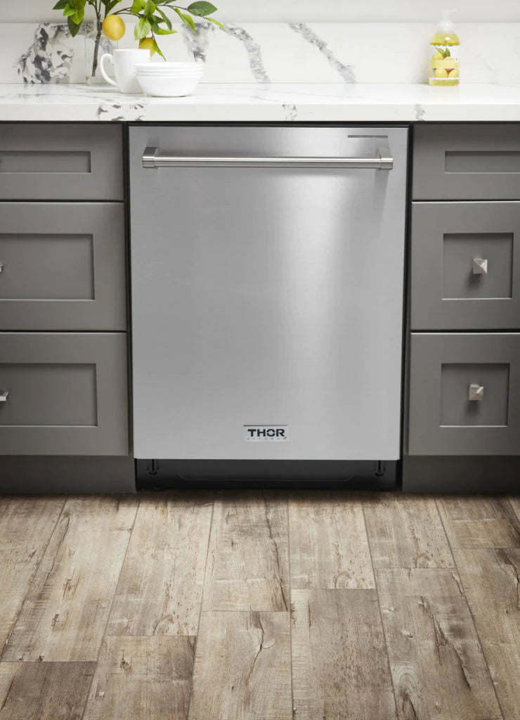 THOR Dishwasher- 24-inch Built-In HDW2401SS Front View with Closed Door in modern kitchen 