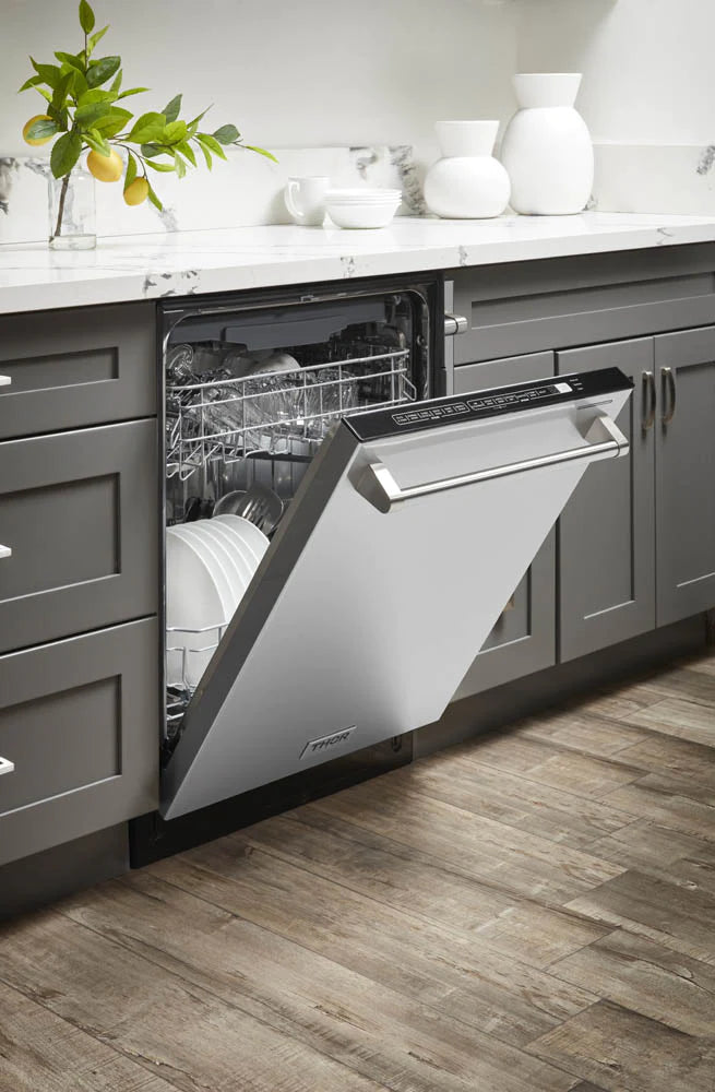 THOR Dishwasher 24-inch Built-In HDW2401SS Side View with Slightly Open Door and Loaded Visible Interior