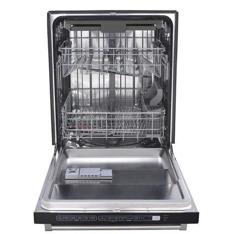 THOR Dishwasher 24-inch Built-In HDW2401SS Stainless Steel with Smart Wash System, Ultra-Quiet Operation, and 4 Spray Arms, Front View, Open with Visible Interior 