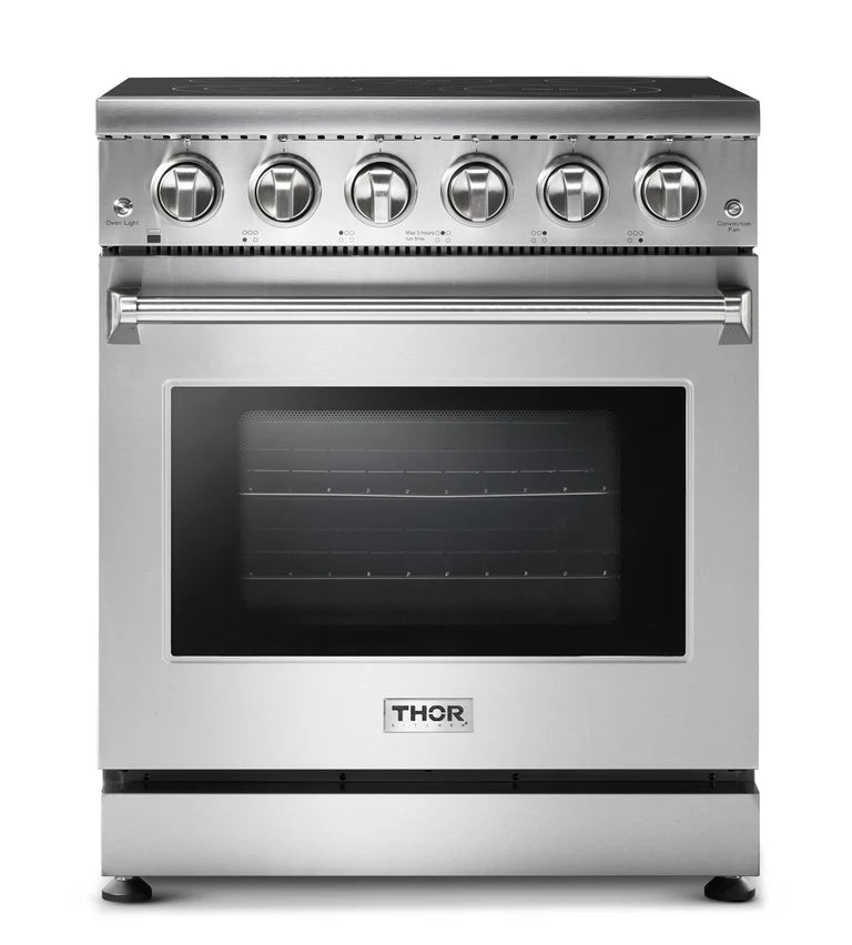 Thor Electric Range 30-Inch HRE3001 with True Convection, 5 Heating Elements, Smooth Glass Cooktop, and Stainless Steel Finish for Professional Kitchens, Closed front view 