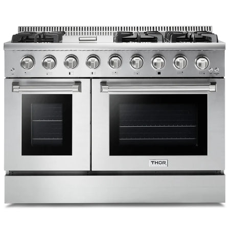 Front view of the Thor Kitchen Range 48-inch, 6.7 cu. ft. Professional Natural Gas Range in Stainless Steel, HRG4808U with the oven door closed