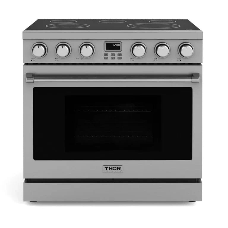 Front closed view of the THOR Range 36-Inch Professional Electric Range with stainless steel finish, high-powered elements, 6.0 cu. ft. oven, and convection fan for pro-level cooking, ARE36